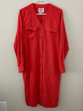 Vintage Tess Dress 100% Silk Button Front Midi Shirt Dress Womens 10 Bright Red